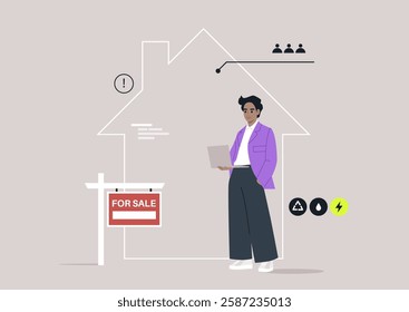 A skilled real estate agent stands confidently beside a vibrant for sale sign, utilizing a laptop to engage potential buyers amidst modern graphic elements expressing urgency and efficiency