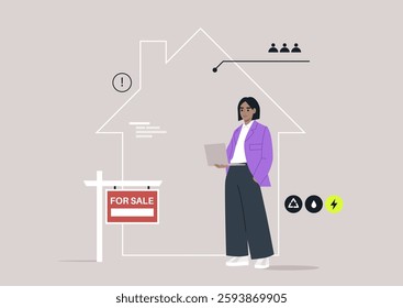 A skilled real estate agent stands confidently beside a vibrant for sale sign, utilizing a laptop to engage potential buyers amidst modern graphic elements expressing urgency and efficiency