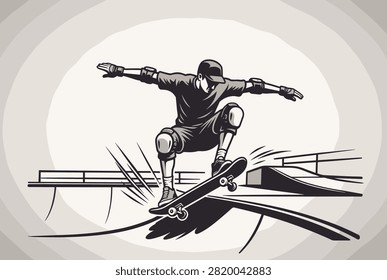 Skilled skateboarder performing an air trick jump at an urban skate park with ramps and railings in background.