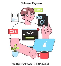 A skilled Software Engineer displays tools of the trade with confidence, surrounded by icons of HTML and CSS, representing the modern crafts of web development.