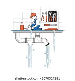 Skilled technician repairing leaking water pipes underneath a sink illustrating plumbing services and maintenance needs