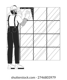 Skilled trade wall tiler installing ceramic tiles outline illustration. Kitchen bathroom renovation. Installer aligning panels 2D line character isolated on white. Monochrome vector ink linear image