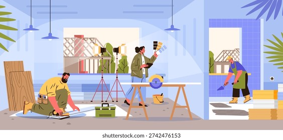 Skilled tradespeople teamwork construction interior design renovation workers measuring planning painting tiling tools wood tiles modern workspace template