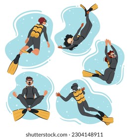 Skilled Underwater Explorers, Divers Character Navigate The Depths With Precision, Bravery, And Determination. Meditate, Uncover Hidden Treasures, Study Marine Life. Cartoon People Vector Illustration