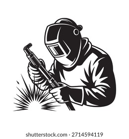 Un soldador experto en el trabajo que muestra el equipo de protección y la artesanía enfocada