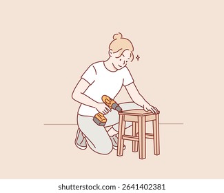 Skilled Woman Assembling Wooden Chair with Power Drill. Hand drawn style vector design illustrations.