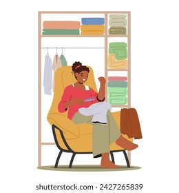 Skilled Woman Character Diligently Repairs And Mending Clothes With Scissors, Weaving Threads To Restore Fabric, Imparting Care And Craftsmanship To Each Stitch. Cartoon People Vector Illustration