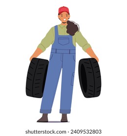 Skilled Woman Garage Mechanic Confidently Holding Tires, Her Grease-stained Hands Revealing Expertise, As She Tackles Automotive Repairs With Determination And Precision. Cartoon Vector Illustration