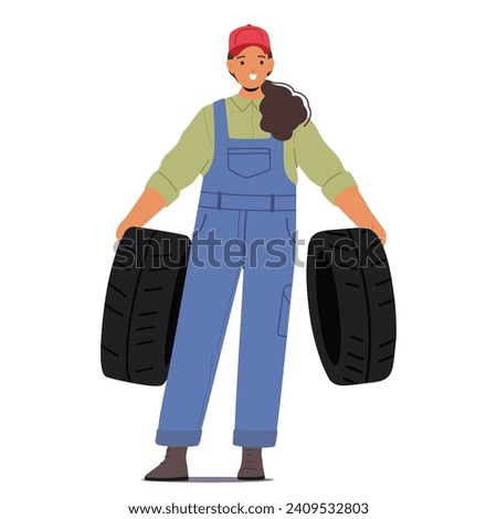 Skilled Woman Garage Mechanic Confidently Holding Tires, Her Grease-stained Hands Revealing Expertise, As She Tackles Automotive Repairs With Determination And Precision. Cartoon Vector Illustration