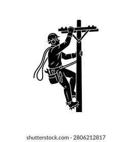 Skilled worker ascending power pole equipped for electrical maintenance. Ideal for industry infrastructure and utility service campaigns.