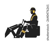 Skilled Worker Helmet Sitting On Backhoe Operating Heavy Machinery Construction