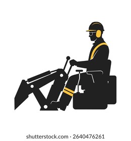 Skilled Worker Helmet Sitting On Backhoe Operating Heavy Machinery Construction