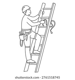skilled worker wearing tool belt climbing up ladder for electrical maintenance work