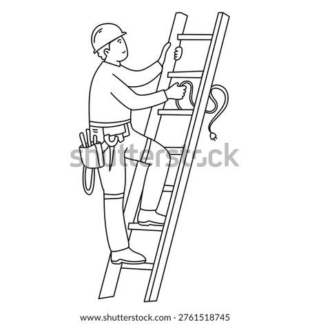 skilled worker wearing tool belt climbing up ladder for electrical maintenance work