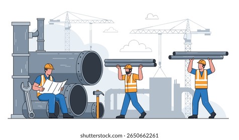 Trabalhadores qualificados com capacetes duros e coletes de segurança colaborando em um projeto de construção com grandes tubos e guindastes ao fundo