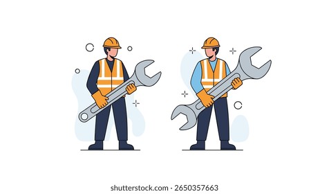 Skilled workers with large wrenches ready for repair and maintenance tasks
