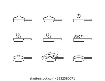 Skillet for cooking on kitchen, frying pan cuisine icon line set. Fry, stew, saute cook food. Vector illustration