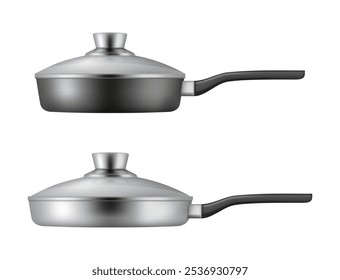 Panela de frigideira e pratos de cozinha. Vetor isolado utensílios de cozinha, aço inoxidável com alça e revestimento antiaderente. Pote de material de metal para preparar refeição e servir almoço no restaurante