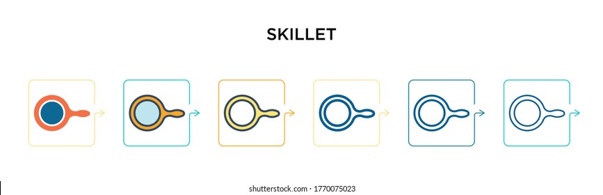 Skillet Vektorsymbol in 6 verschiedenen modernen Stilen. Schwarze, zweifarbige Skillet-Icons, die in voller Umriss-, Linien- und Strichform entworfen wurden. Vektorgrafik kann für Web, Mobile, i
