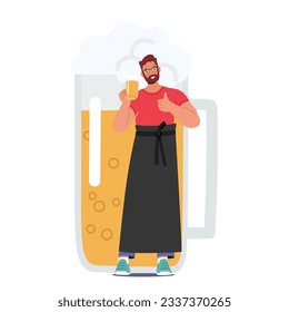 Skillful Bartender Male Character Proudly Displays Craft Beer Cup With A Thumbs Up, Standing next to the Huge Tankard, Showcasing Expertise In Serving Unique Brews. Cartoon People Vector Illustration