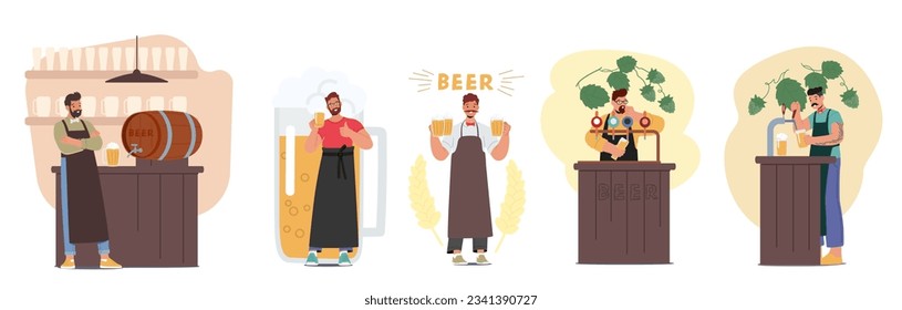 Skillful Bartender Male Characters Expertly Serving Craft Beer, Skillfully Filling Mugs With Rich And Diverse Flavors, Creating A Delightful Experience. Cartoon People Vector Illustration