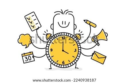 Skillful businessman, productive craftsman, multitasking and time management concept. Stick figure. Doodle style. Vector illustration.