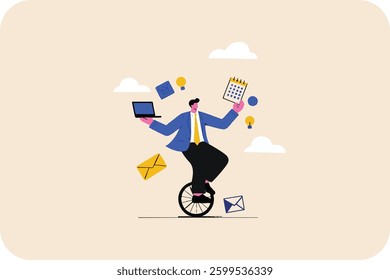skillful businessman riding unicycle juggling elements