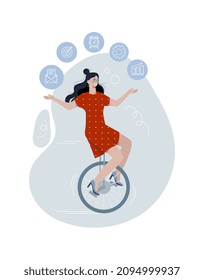 Skillful businesswoman or entrepreuner. Girl on wheel juggles several objects. Metaphor for successful, efficient and productive employee. Motivation and management. Cartoon flat vector illustration