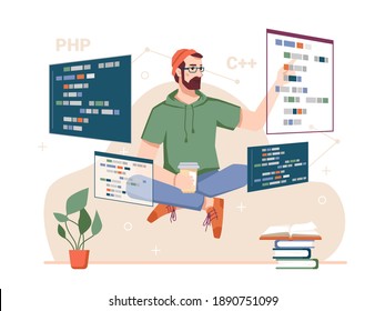 Skillful coder with monitors and gadgets, male personage developing websites and coding. Programming hobby and work. Bearded guy with coffee and scripts. Cartoon character, vector in flat style