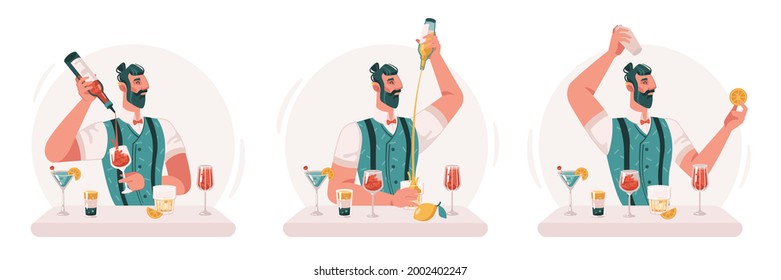 Skillful professional barman making cocktails and alcoholic drinks in bar or pub. Isolated virtuoso bartender with bottles and glasses, fruits and citrus. Flat cartoon character vector illustration