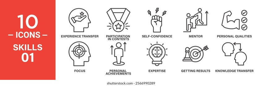 Skills and Achievements Icon Set: 10 Editable Vector Icons Depicting Expertise, Mentorship, and Knowledge Transfer.