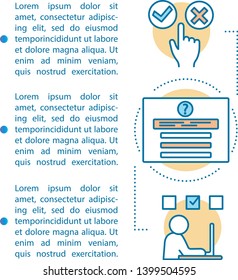Skills assessment article page vector template. Brochure, magazine, booklet design with linear icons. Workman test, exam, student examination print design. Concept illustrations with text space