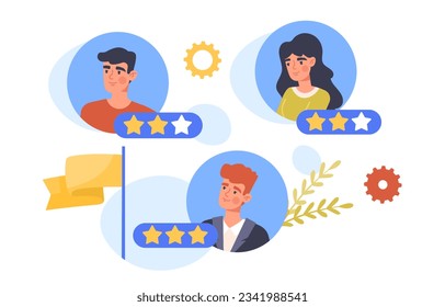 Skills assessment concept. Profiles and avatars of men and woman with stars. Ranking and rating of freelancers and workers. Template, layout and mock up. Cartoon flat vector illustration