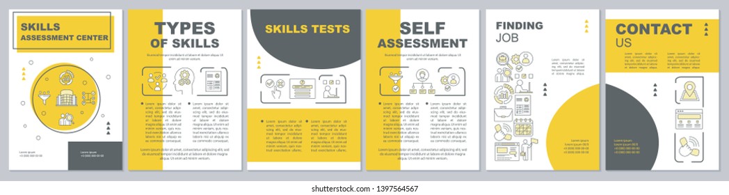 Skills assessment yellow brochure template layout. Flyer, booklet, leaflet print design with linear icons. Employee abilities vector page layouts for magazines, annual reports, advertising posters