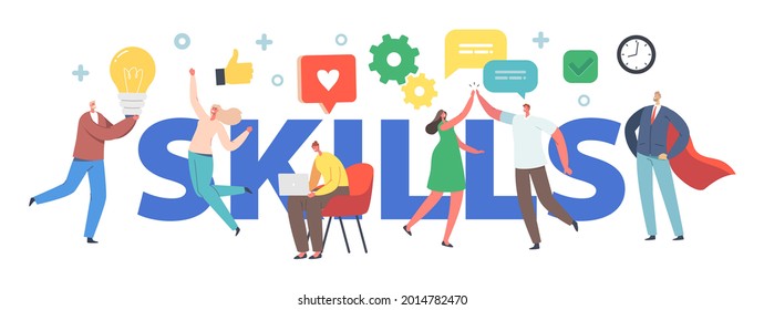 Skills in Business Concept. Tiny Male and Female Characters, Office Workers Empathy, Communication, Idea Development and Education at Work Poster, Banner or Flyer. Cartoon People Vector Illustration