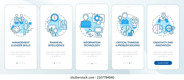 Habilidades para la gestión de negocios pantalla azul de aplicación móvil incorporada. Recorrido 5 pasos de páginas de instrucciones gráficas con conceptos lineales. UI, UX, plantilla GUI. Multitud de tipos de letra Pro-Bold, con uso regular