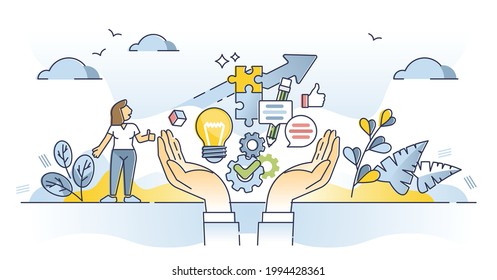 Skills and competence set for professional career development outline concept. Personal knowledge and resources for efficient and effective job qualification vector illustration. Progress and growth.