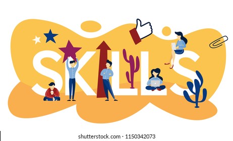 Skills concept. Idea of education, training and improvement. People get knowledge and build career. Isolated flat vector illustration