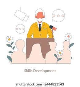 Skills Development concept. An illustration highlighting the journey of acquiring new skills, with a focus on public speaking and leadership. Emphasizing continuous learning and personal growth.