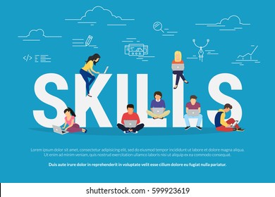 Skills development concept vector illustration of business people using devices for hard work and professional growth. Flat concept of professionals using laptop for creative work and self-development