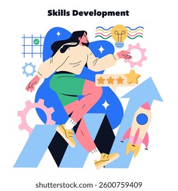 Skills development focus illustration. The design highlights personal growth through workshops and creativity. It features various symbols representing progress, learning, and innovation in a dynamic