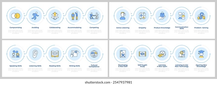 Skills development infographics set. Language learning, conflict resolution. Flow charts infocharts with steps. Editable vector info graphics icons collection