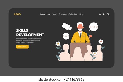 Skills Development night or dark mode web or landing page. An illustration highlighting the journey of acquiring new skills, with a focus on public speaking and leadership.