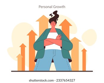 Skills development. Professional competences hard and soft skills growth. Female character working towards success. Personal development. Flat vector illustration