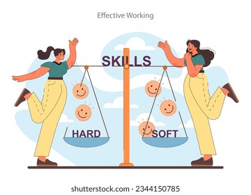 Desarrollo de habilidades. Competencias profesionales: crecimiento de las habilidades duras y blandas. Carácter femenino trabajando hacia el éxito. Desarrollo personal. Ilustración vectorial plana