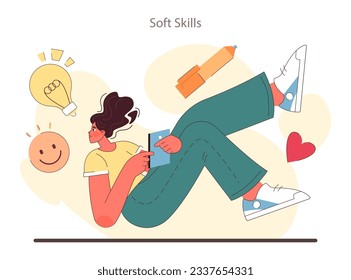 Skills development. Professional competences, soft skills growth. Female character improving business communication skill. Personal development. Flat vector illustration