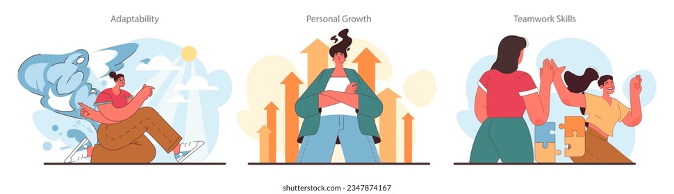 Skills development set. Professional competences hard and soft skills growth. Female character working towards success. Personal development. Flat vector illustration