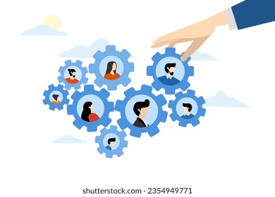 concepto de habilidades o eficiencia, soluciones, organización de la construcción, gestión de recursos humanos o desarrollo profesional, posición laboral para ayudar al éxito, mano de hombre de negocios que coloca a un nuevo empleado para arreglar dientes.