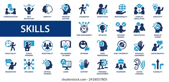 Skills flat icons set. Assertiveness, personality, creativity, empathy, communication, solving, personality icons and more signs. Flat icon collection.