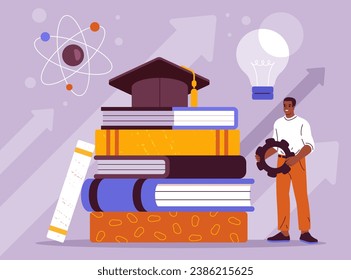 Skills growth concept. Man with coghweel near stack of books with lightbulb. Education, learning and trainig. Young specialist and professional. Poster or banner. Cartoon flat vector illustration